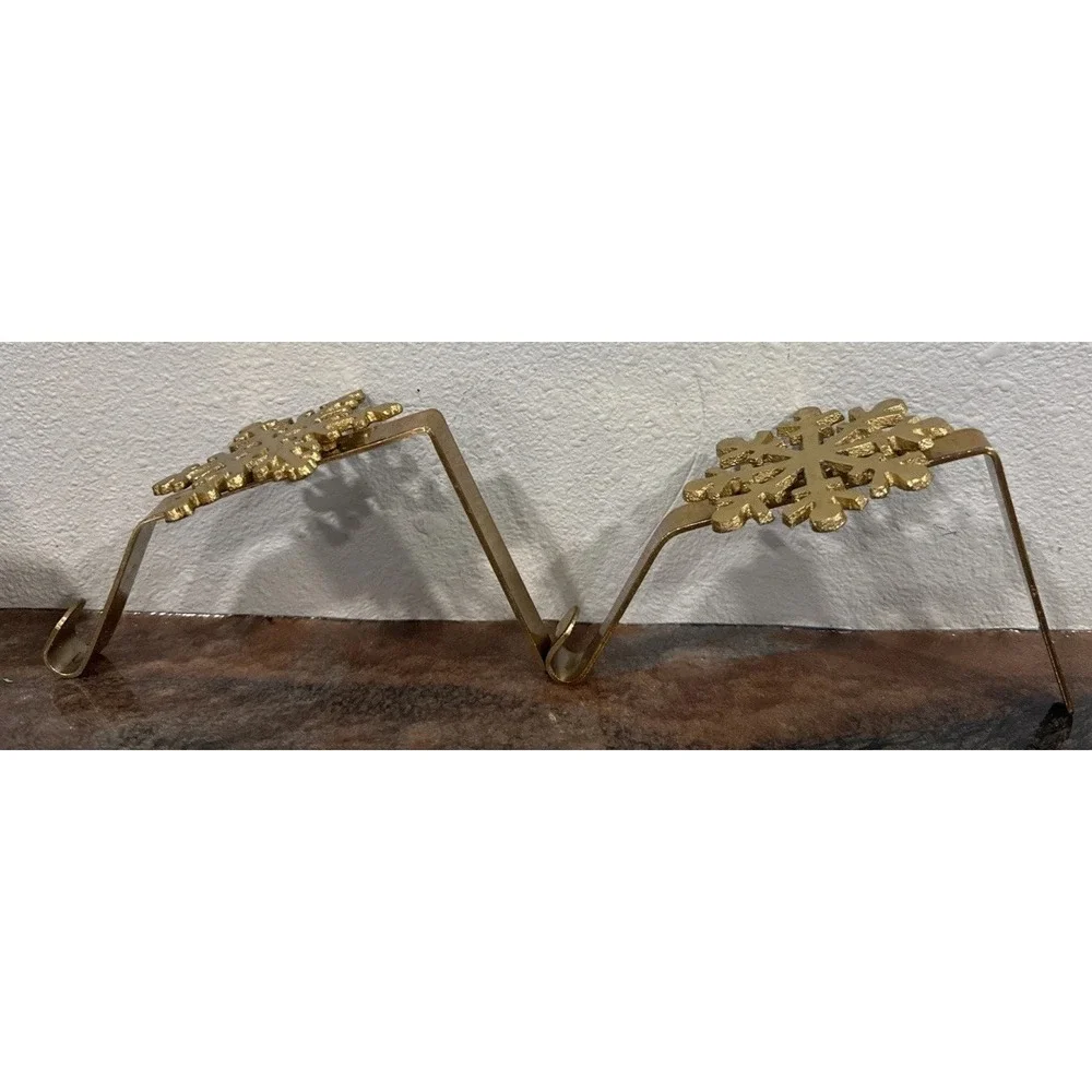 Brass Snowflake Christmas Stocking Holders Mantel Hooks Set of 2 Gold Tone